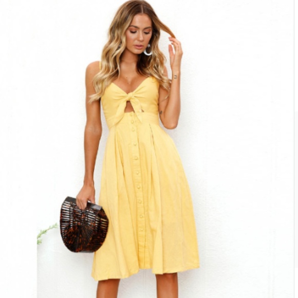 Dresses & Skirts - Yellow - Sexy Bow Front Tie Midi Dress w/ Buttons